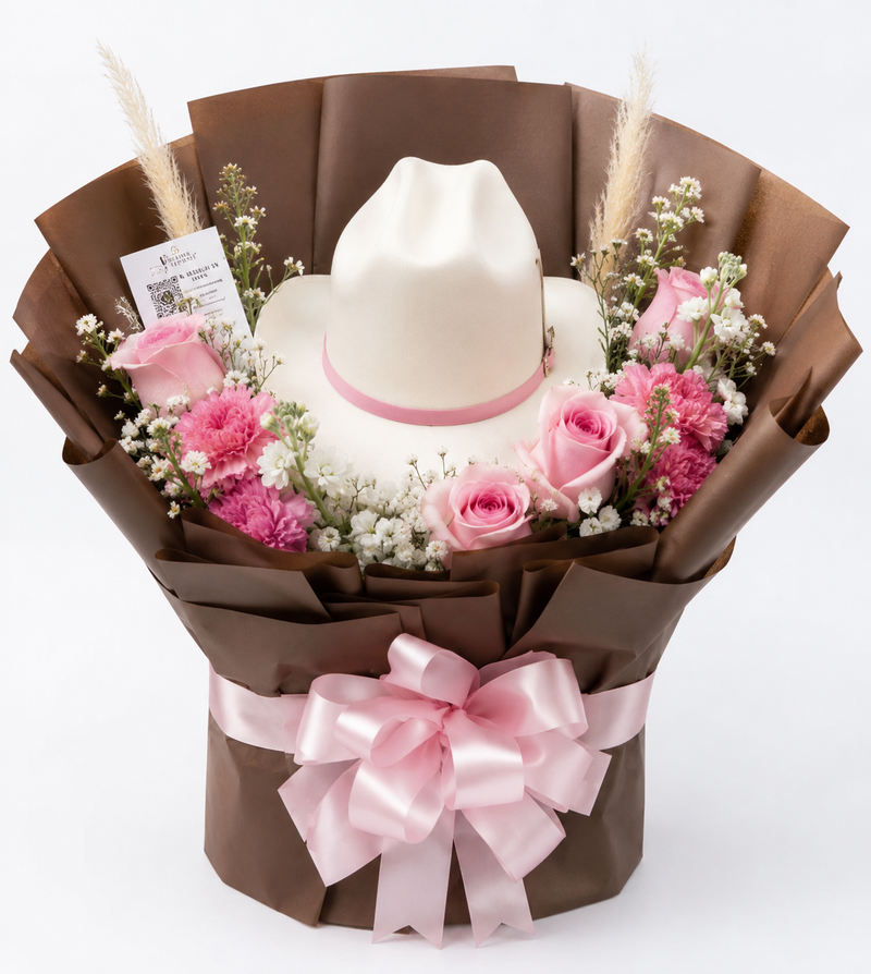 Ramo Sombrero Blanco y Rosas Rosadas