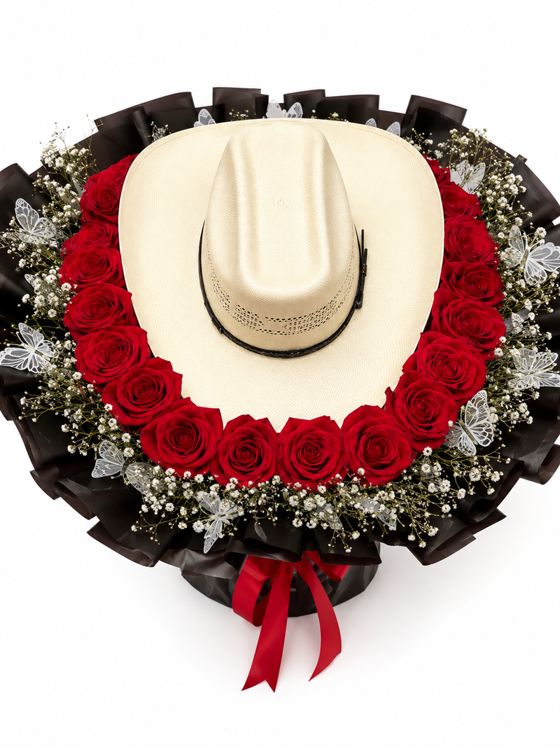 Ramo Sombrero Blanco y Rosas Rojas - Image 1