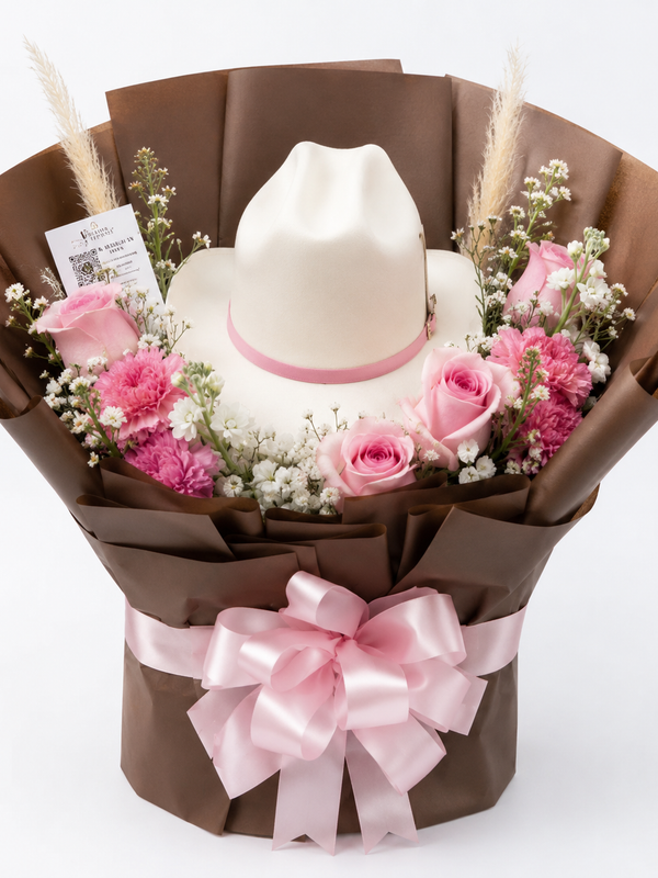Ramo Sombrero Blanco y Rosas Rosadas