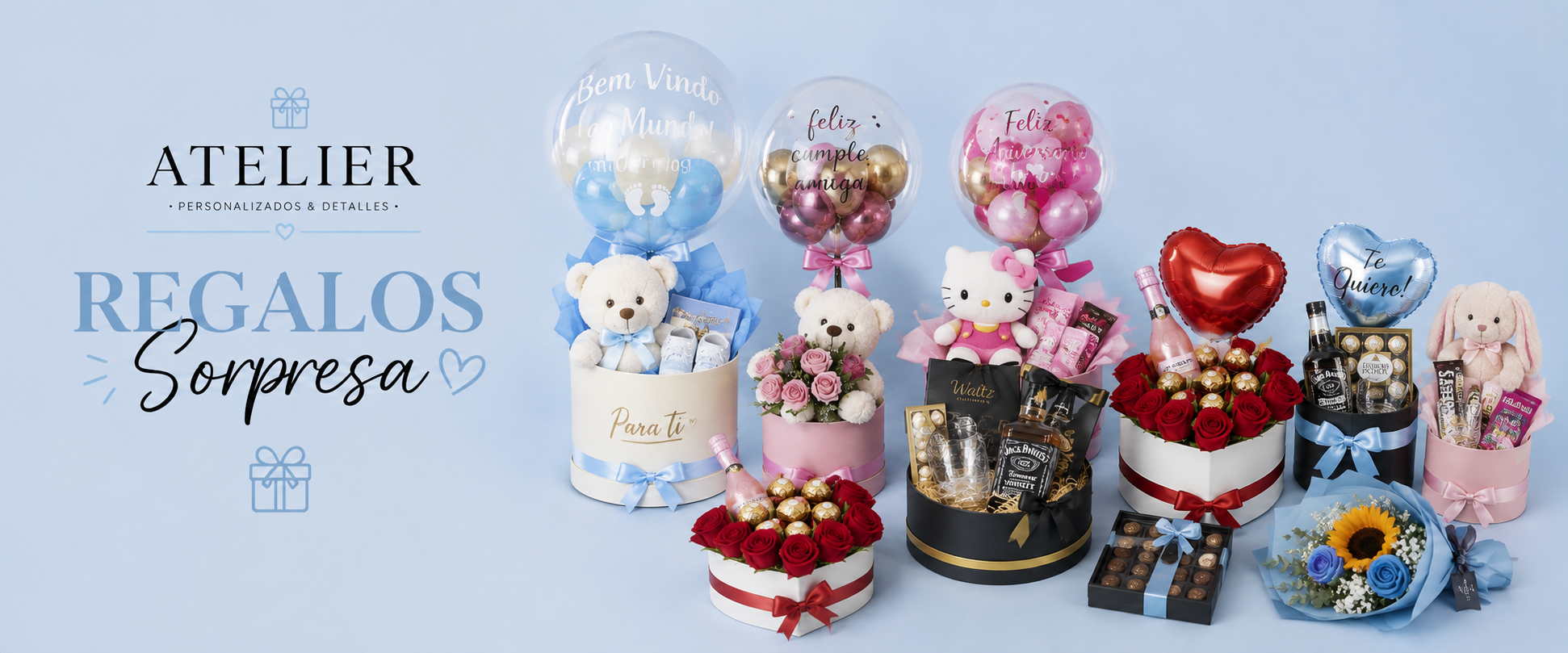 ATELIER — Regalos sorpresa, cajas con globos, peluches y rosas
